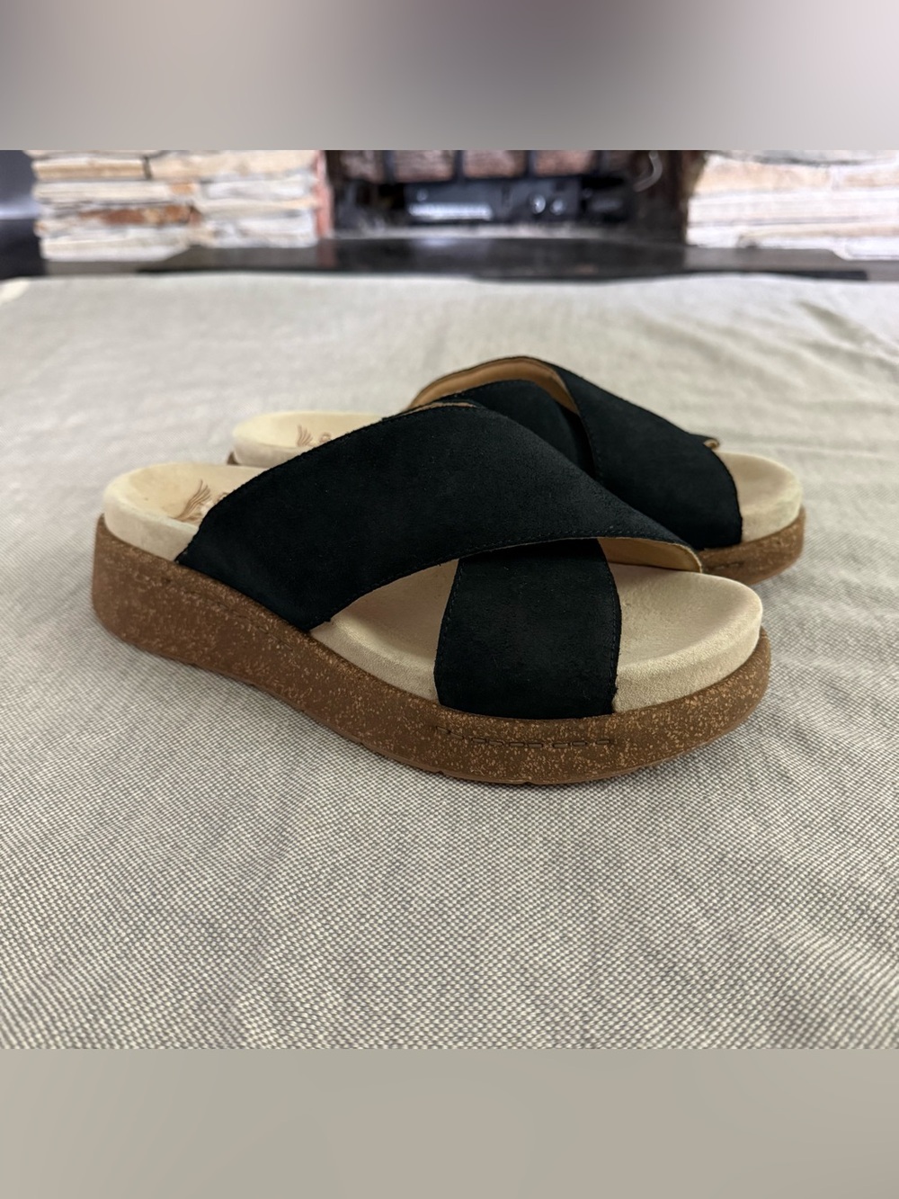 Dansko Black Crisscross Slide Sandals with Brown Cork Sole